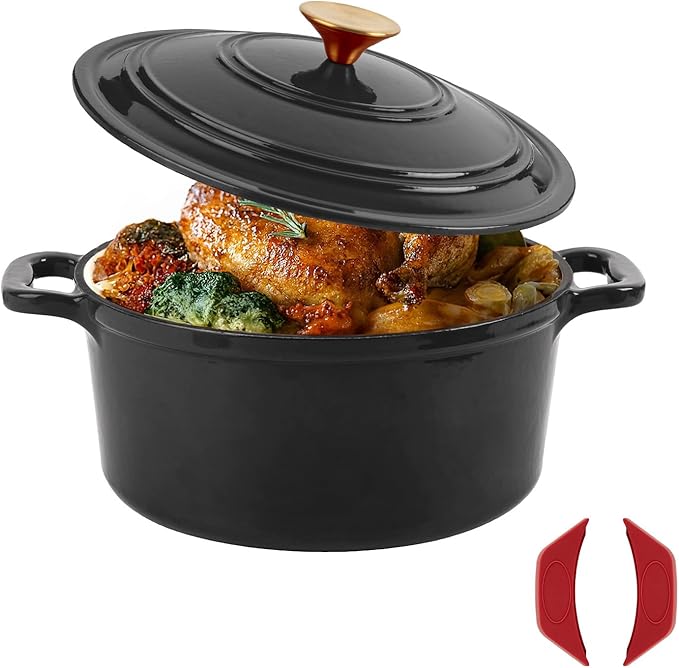 Tastedeli Enamel Cast Iron Dutch Oven with Lid, Round Casserole Pot for Bread Baking, Braising, Roasting, and Stews, Heavy-Duty, Oven Safe, Induction Compatible (4.7QT,Grey)