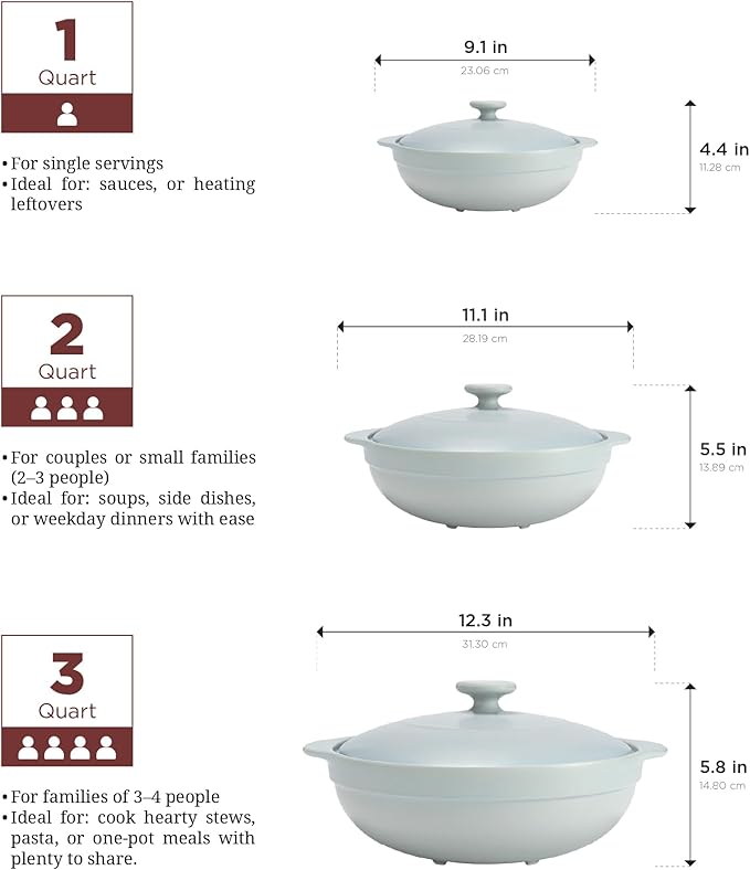 MINH LONG 1-Qt Porcelain Dutch Oven with Lid – Lead & Cadmium Free, Oven Safe to 482°F, Heat Retention, Clay Pot for Cooking on Gas & Infrared Cooktop, Use to Marinate, Cook, Bake, Refrigerate & Serve