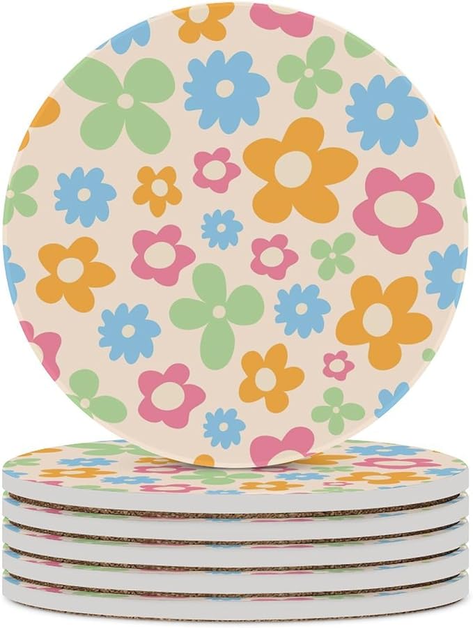 Floral Drink Coasters, Round Ceramic Drink Coaster Round-6PCS, Cartoon 70s Cute Flower Abstract Pastel Daisy Floral Decor Absorbent Ceramic Coasters for Beverage Cup, Bar, Coffee Table