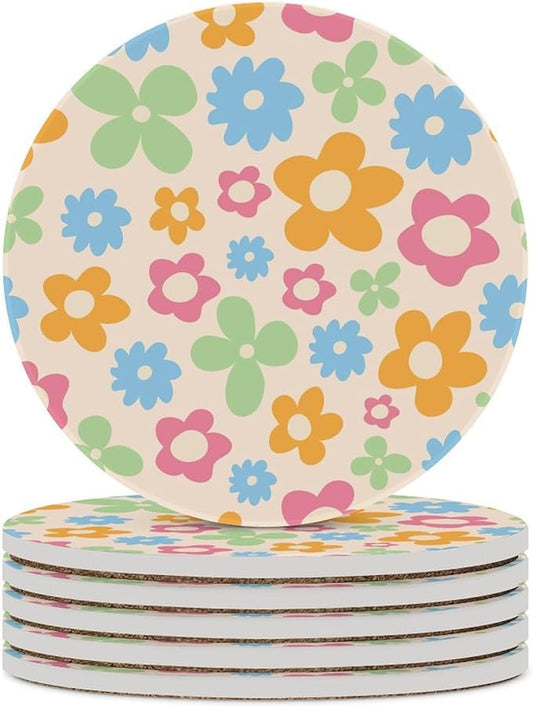 Floral Drink Coasters, Round Ceramic Drink Coaster Round-6PCS, Cartoon 70s Cute Flower Abstract Pastel Daisy Floral Decor Absorbent Ceramic Coasters for Beverage Cup, Bar, Coffee Table