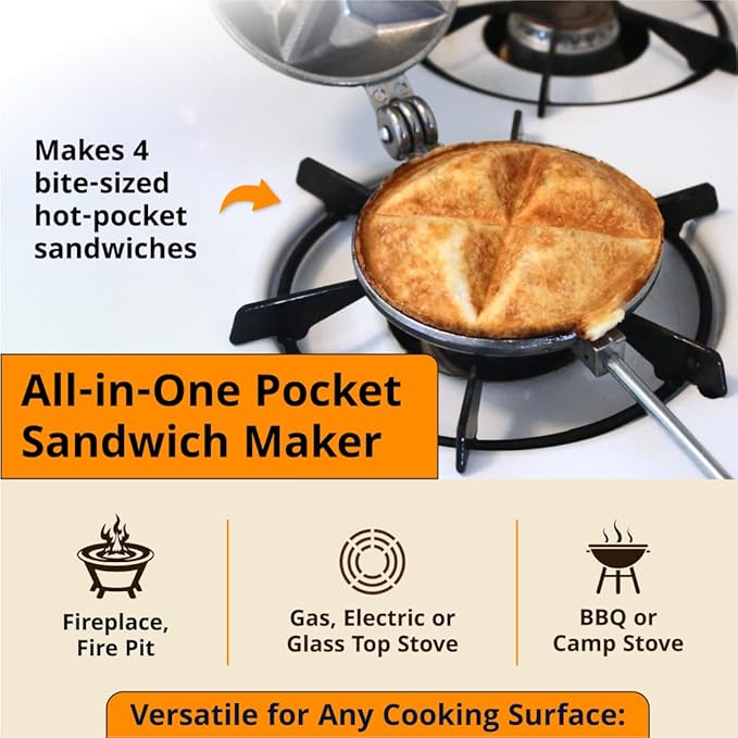 Tid Bit Handheld Sandwich Maker, Portable Sandwich Grill & Panini Press, Cast Aluminum Pie Iron, Retro 1945 Stovetop & Campfire Toaster for Hot Sandwiches, Pies, Paninis, RV & Camping