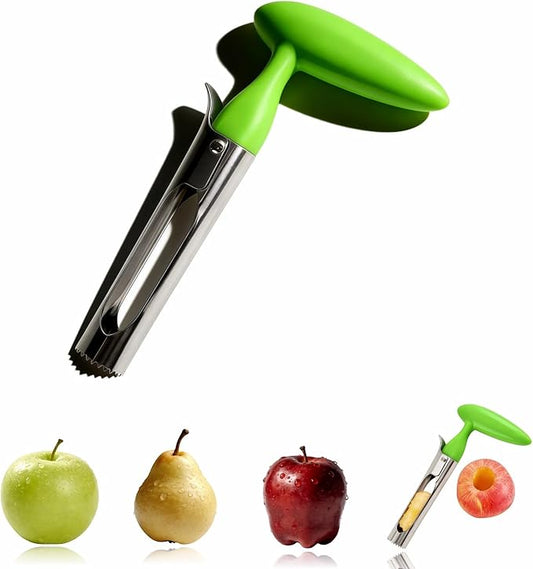 Premium Stainless Steel Apple Corer, Professional Fruit Core Remover Tool with Ergonomic Red Handle, Serrated Blades for Apples, Pears, Peaches, Plums, Easy Use & Clean (Green)
