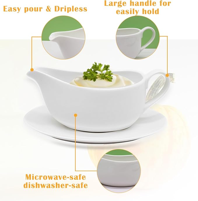 14 oz Gravy Boat with Tray, Ceramic Sauce Boat with Ergonomic Handle and Dripless Lip Spout for Salad Dressings, Creamer, Broth, Black Pepper, White