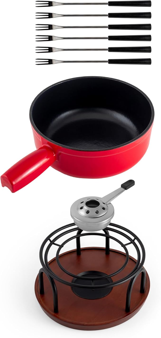 Swissmar Ticino Cast Iron Fondue Set with Enameled Interior, 2L / 2 QT – 9-Piece Cheese & Chocolate Fondue Pot with Forks, Burner & Beechwood Base – Perfect for Family Gatherings & Gift Giving – Red