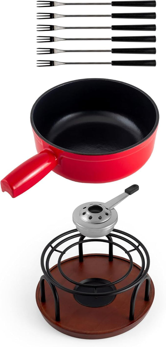 Swissmar Ticino Cast Iron Fondue Set with Enameled Interior, 2L / 2 QT – 9-Piece Cheese & Chocolate Fondue Pot with Forks, Burner & Beechwood Base – Perfect for Family Gatherings & Gift Giving – Red