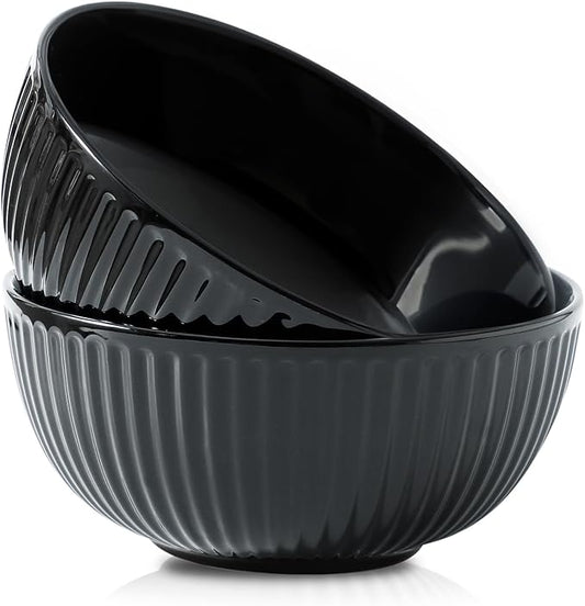 HASENSE Large Serving Bowls Set of 2, 60 Oz Porcelain Salad Bowl 8 Inch for Kitchen Dining,Elegant Ribbed Ceramic Dishes for Party,Soup,Pho,Pasta,Cereal,Fruit - Dishwasher & Microwave Safe, Black