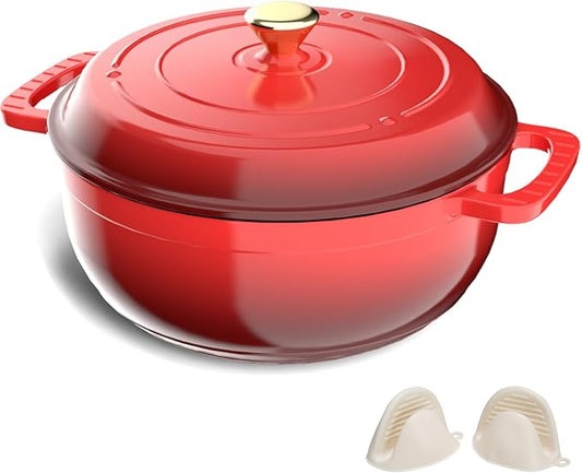 VINGLI 7.5QT Enameled Cast Iron Round Dutch Oven Pot with Lid, NonStick Casserole Pot with Dual Handles & Silicone GlovesRed, Oven Safe up to 500°F or on Stovetop, Dutch Oven for Bread Baking, Red