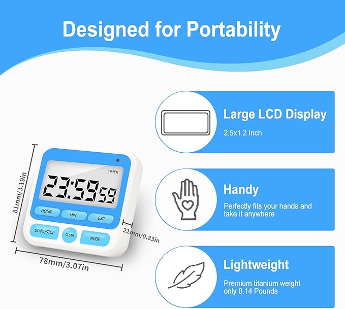 Multifunctional Kitchen Timer with Silent/Alert Mode, 24-Hour Clock, Memory Recall, Fast-Forward, and Magnetic Back for Cooking, Baking, Teaching(Blue