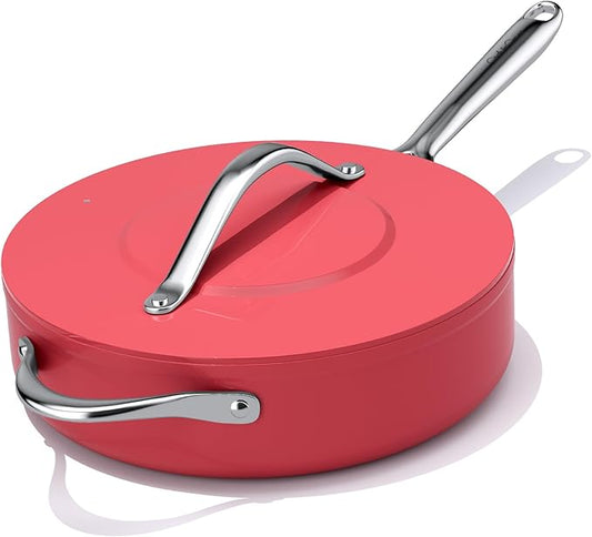 CookinCraze Nonstick Ceramic Sauté Pan with Lid (4.5 qt, 11") Deep Frying Pan for All Cooktops Non Toxic Skillet PTFE/PFAS Free Dishwasher & Oven Safe up to 500°F w/Stainless Steel Handle, Fusion Red