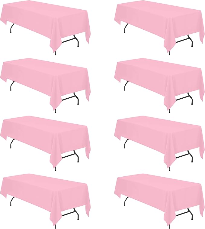 BRILLMAX 8 Pack Pink Tablecloths 60 x 126 Inch for 8ft Rectangle Tables - 150 GSM Polyester Fabric, 15" Standard Drop, Water, Stain & Wrinkle Resistant Cloth Cover for Wedding Banquet Dining Buffet