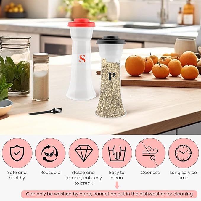 Salt and Pepper Shaker Set, Plastic Salt and Pepper Shaker Set with Lids,Airtight Spice Jar Dispenser for Restaurant Cleaning Brush Camping Home Kitchen Picnic (COLOR:Black+Red)