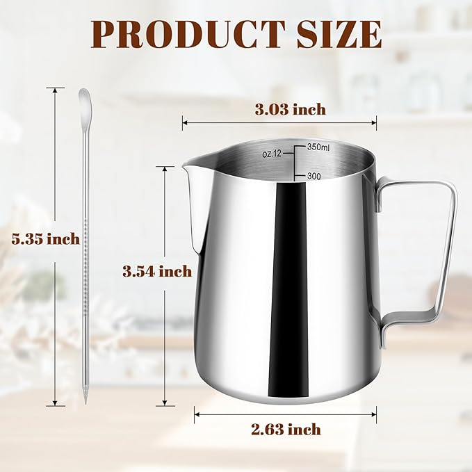 Milk Frothing Pitcher, 12oz Milk Frother Cup with Clear Scale, 304 Stainless Steel Cappuccino Espresso Machine Accessories for Barista Coffee Bar with Latte Art Pen, Silver