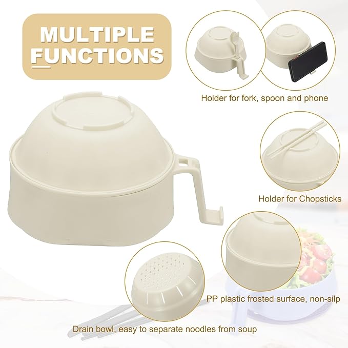 uxcell 2 Sets Microwave Ramen Bowl Set, Wheat Fiber Noodle Bowls Plastic Cooker with Lid Handle Fork Spoon Chopsticks for College Dorm Room Apartment, (Beige)