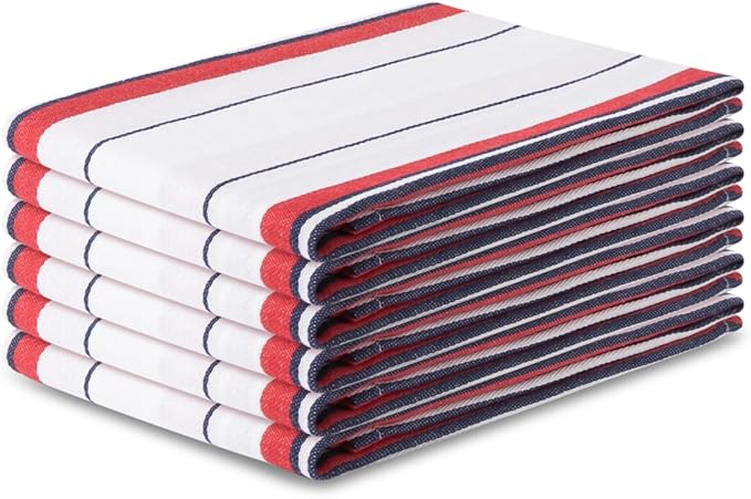 Kitchen Towel Set of 6, 100% Cotton Quick-Drying Absorbent Dish Towels & Tea Cloths, 20x30 Inch Decorative Farmhouse Towels for Kitchen, Pink Navy White Stripes
