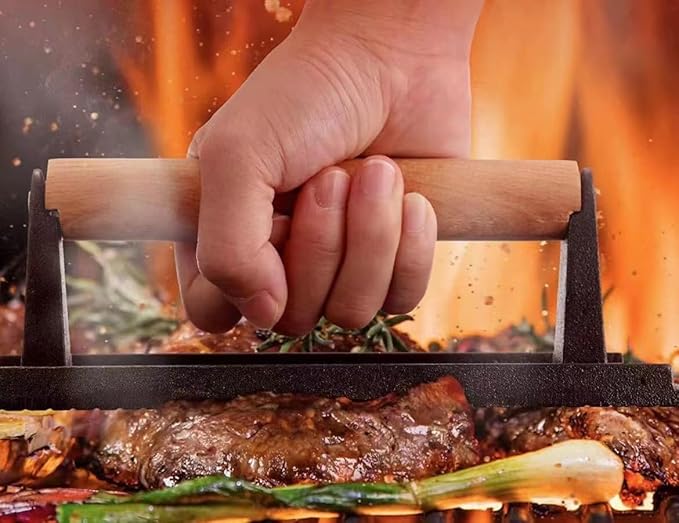 Best Chef Ever Heavy Duty Cast Iron Grill Press Burger Press Bacon Press Barbecue Press Meat Press Burger Smasher Round Flat Press with Anti Scalding Wooden Handle Unique Chef Gifts (6.5")
