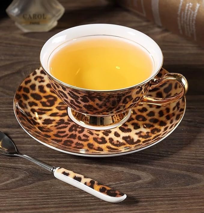 YBK Tech Euro Style Bone China Cup& Saucer Set, Ceramic Tea Coffee Cup for Home Kitchen Wedding (Leopard Pattern)