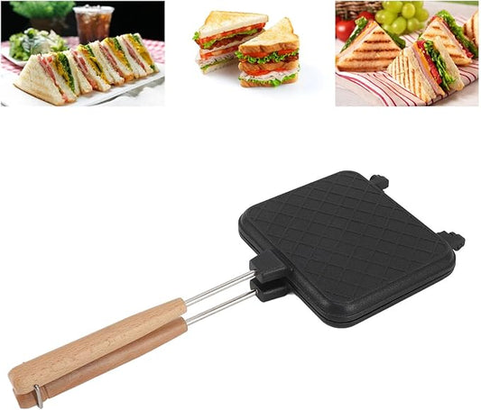 Double Sided Frying Pan, Stovetop Sandwich Maker Aluminum Solid Wood Anti Stick Sandwich Flip Pan Multifunctional Stovetop Sandwich Maker for Gas Stove Induction