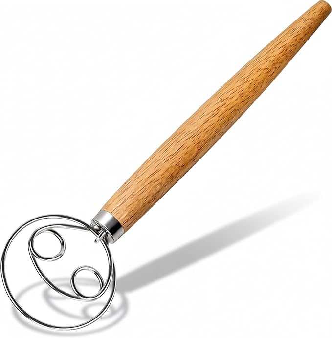 Maxjoy Danish Dough Whisk for Sourdough Bread Baking - Stainless Steel Hook with Wooden Handle