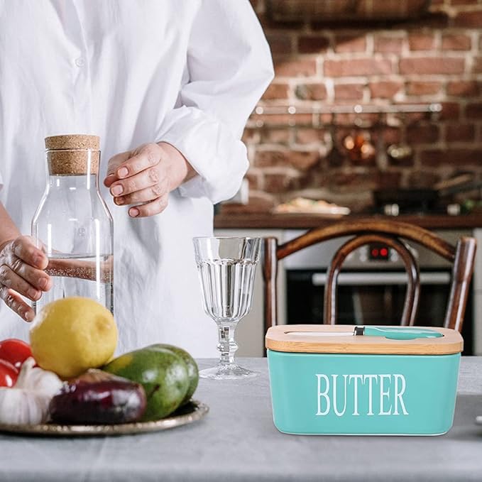 Ceramic Butter Dish with Wooden Lid, Large Butters Container Keeper Storage with Stainless Steel Knife Spreader, Bamboo Cover and Silicone Sealing Ring for West East Coast, Aqua