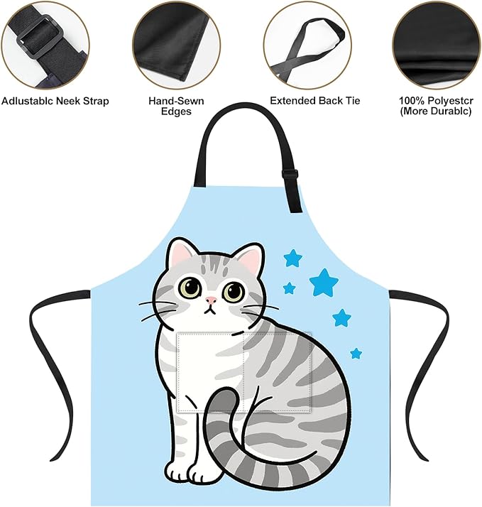 Funny Cat Apron with 2 Pockets Waterproof for Men Women Kitchen Garden Decor