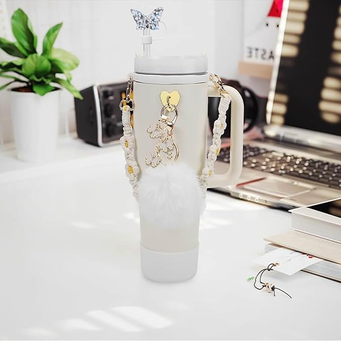 Accessories Set Including Water Bottle Handle Strap, Silicone Boot, Resin Butterfly Straw Cover, Straw Topper, Lip Balm Sleeve, Butterfly & Hairball Charms for Stanley Cup Tumbler