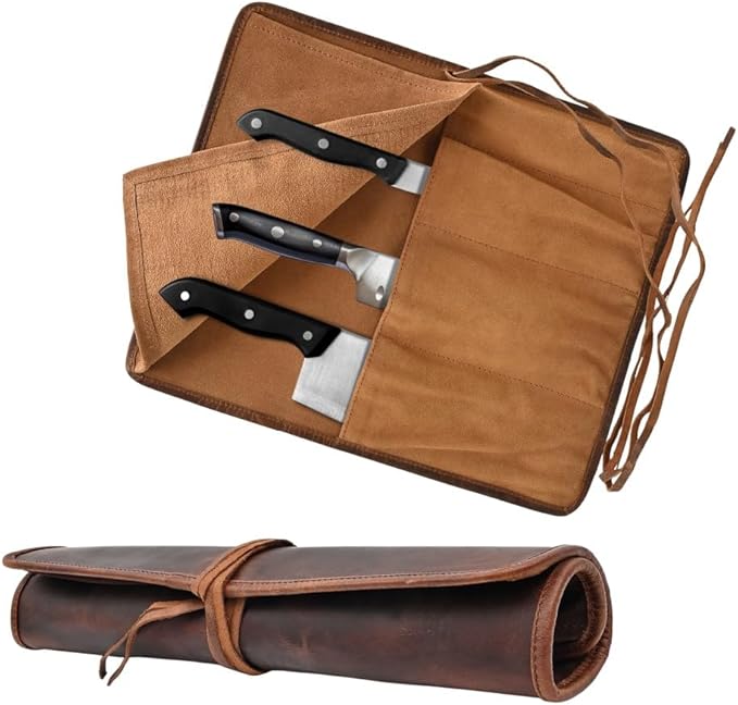 Autentico Leather Knife Roll Bag Professional Chef Knife Case, Durable Knife Sheath Holder, Cooks & Culinary Tools Carrying Storage, Portable Knife Wrap - 4 Slots