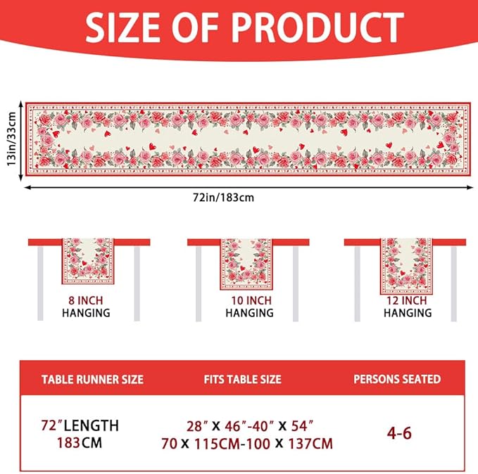 Valentine’s Day Rose Table Runner 13x72 Inch,Pink Red Love Heart Plant Spring Holiday Anniversary Table Decorations Farmhouse Kitchen Dinning Indoor Outdoor Home Party Decoration