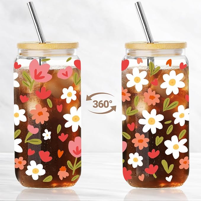 Cute Pink Flower Drinking Glass Cups with Lid and Straw Gifts for Women Daughter Niece Friends,Floral Daisy Wildflower Ice Coffee Glass Cup Gifts for Birthday Christmas,Coffee Lover Gift for Her