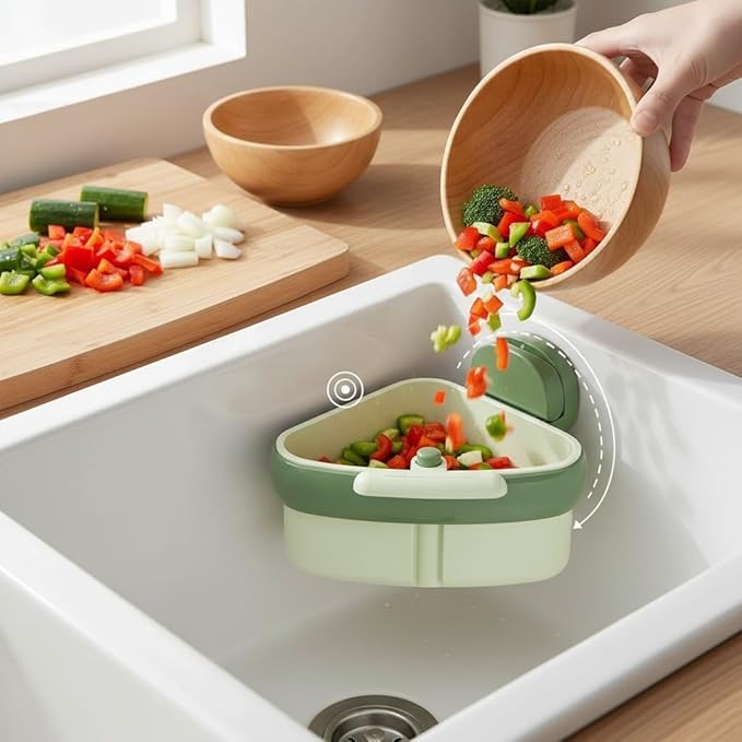 Corner Sink Strainer Food Waste Catcher for Sink, 2025 New Upgraded Suction Cup Press Sink Drainer Basket, Automatic Dumping Sink Strainer Basket (Green)