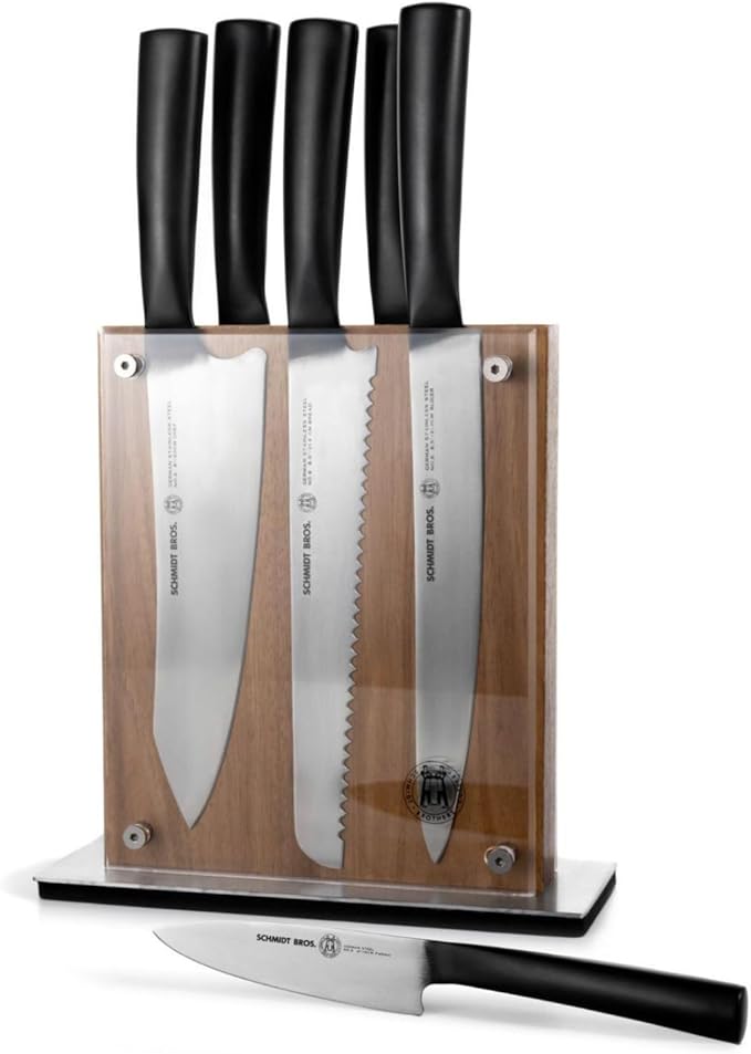Schmidt Brothers - Carbon 6, 7-Piece Kitchen Knife Set, High-Carbon Stainless Steel Cutlery with Midtown Acacia and Acrylic Magnetic Knife Block