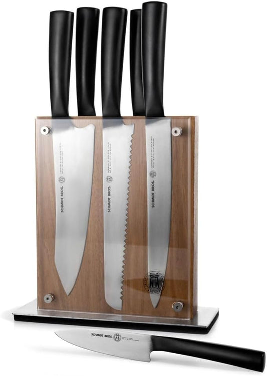 Schmidt Brothers - Carbon 6, 7-Piece Kitchen Knife Set, High-Carbon Stainless Steel Cutlery with Midtown Acacia and Acrylic Magnetic Knife Block