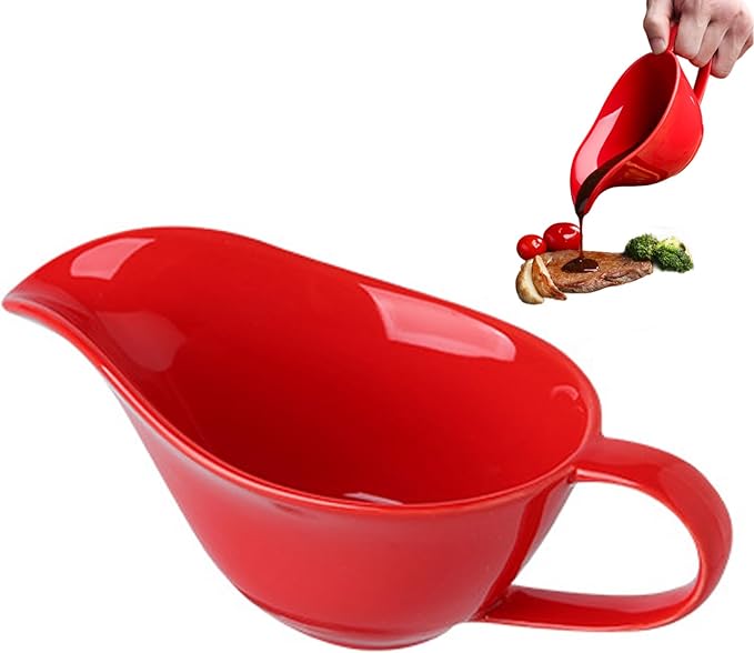 Gravy Container, Gravy Boat 200ml Ceramics Pourer with Spout and Handle Sauce Cup for Home Hotel Restaurant Red, Bowl