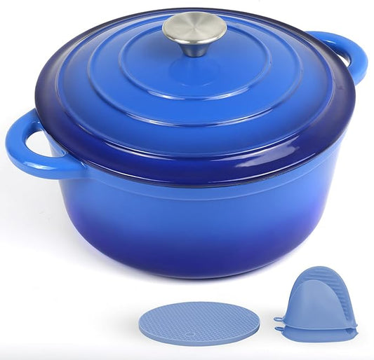 CookNexa 6 Quart Enameled Cast Iron Dutch Oven Pot with Lid and Silicone Accessories, Oven Safe up to 500°F or on Stovetop, Non-stick Dutch Oven for Bread Baking, Cooking, Dual Handles Cookware, Blue