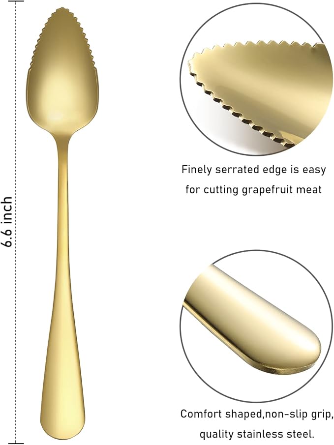 5 PCS Grapefruit Spoons, Stainless Steel Grapefruit Spoon Utensil Set, Serrated Edge & Thick Gauge Handle, Gold Kitchen Tool with Non-stick Plating for Kiwi, Dessert, Apple, Citrus Fruit