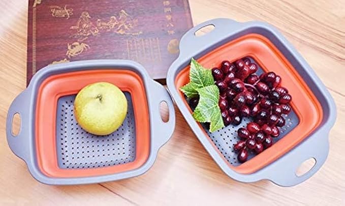 Collapsible Colander, 2 Pcs Red Silicone Kitchen Strainer for Draining Pasta, Vegetable and Fruit with Extendable Handles & Dishwasher-Safe by Polerce