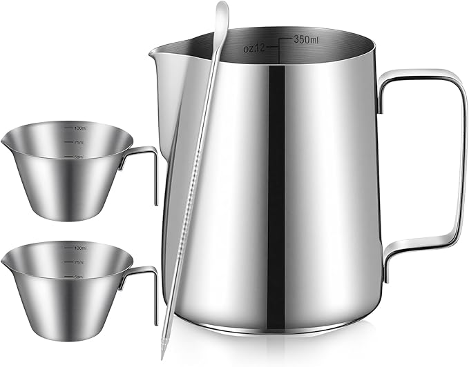 4 Pcs Espresso Accessories Kit with Espresso Cups with Handle, Milk Frothing Pitcher and Latte Art Pen Stainless Steel Cappuccino Machine Accessories for Coffee Bar(Silver,100ml, 350ml)