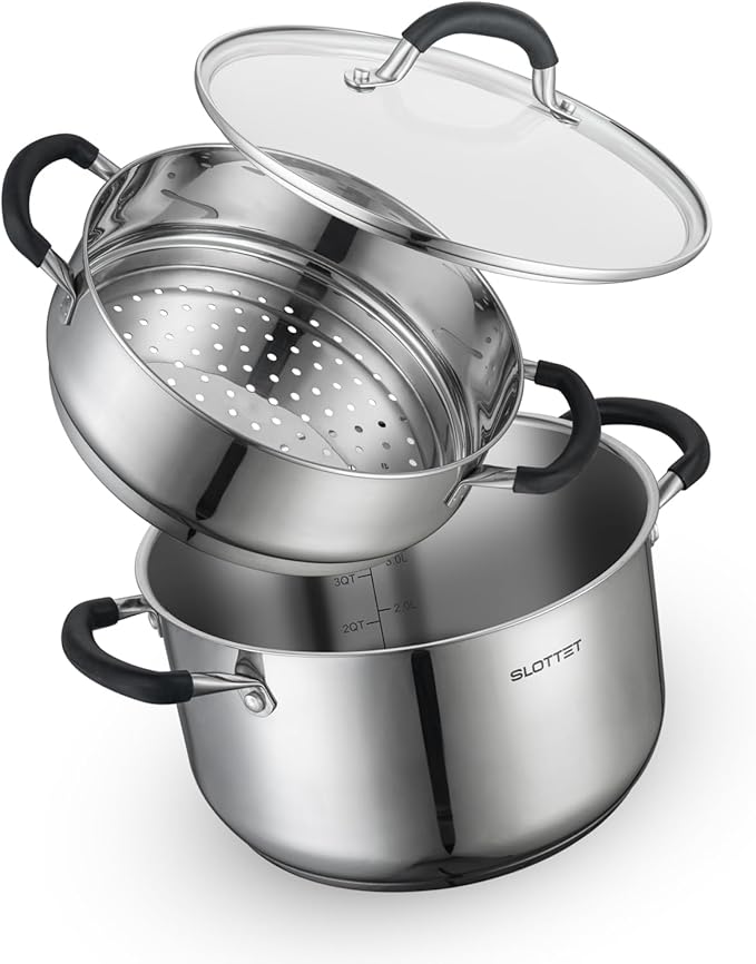 SLOTTET 6 Quart Stainless Steel Stock Pot with Steamer,6 Qt Multipurpose Stockpot with Stay-cool silicone Handle and Glass Lid,Soup Pot for Cooking