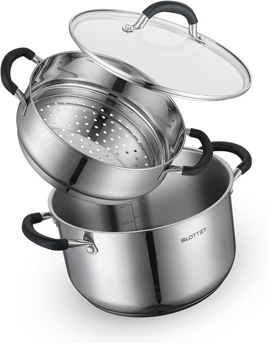 SLOTTET 6 Quart Stainless Steel Stock Pot with Steamer,6 Qt Multipurpose Stockpot with Stay-cool silicone Handle and Glass Lid,Soup Pot for Cooking