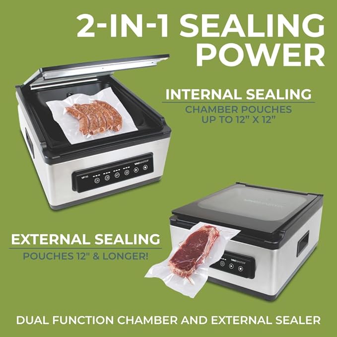 VacMaster VP195 Chamber Vacuum Sealer, 2-in-1 Sealing Power, Dual Function Chamber & External Sealing, Internal for Pouches 12"x12", External for Textured Pouches 12" & Longer, Stainless Steel