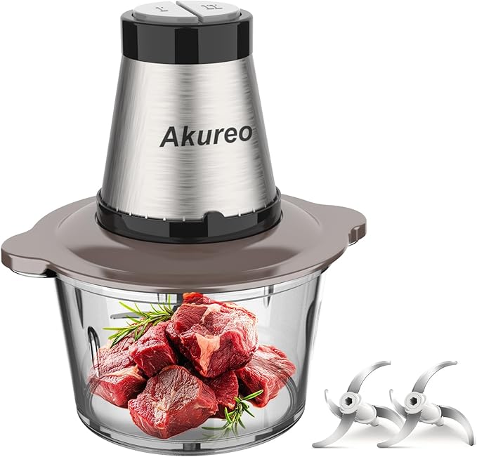 Akureo Kitchen in the Box Mini Food Processors, Electric Food Chopper with Meat Grinder & Vegetable Chopper - 2 Sets of Bi-Level Blades for Fruits/Meat/Nuts