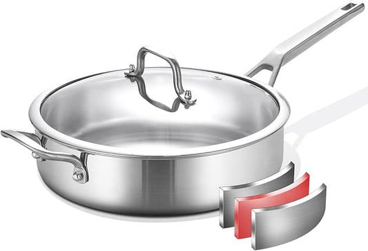 Yeksum Tri-Ply Stainless Steel Saute Pan 6QT, 12 Inch Deep Frying Pan with Lids, 3-layer Saute Pan with Lid Large Skillet with Stay Cool Handle, Induction Pan, Dishwasher and Oven-Safe
