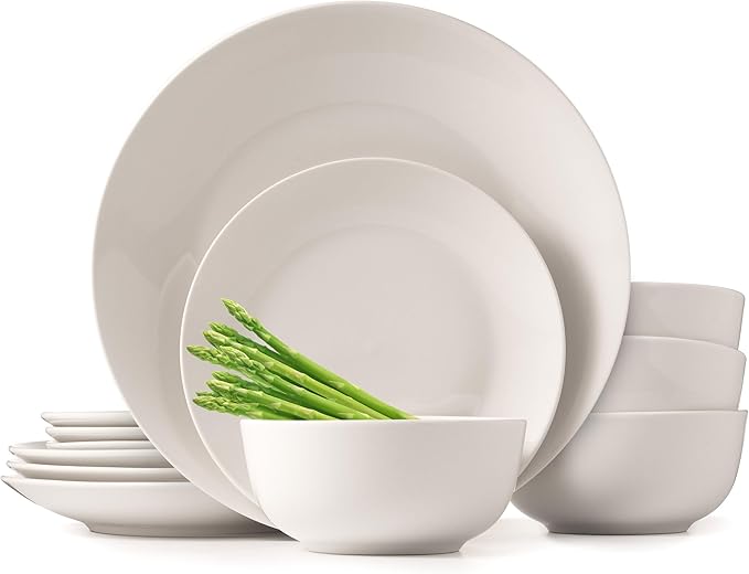 Dinnerware Sets, Fine Porcelain Dinnerware Sets, Plates and Bowls Sets, Dishes, 12-Piece Service for 4, Soft White
