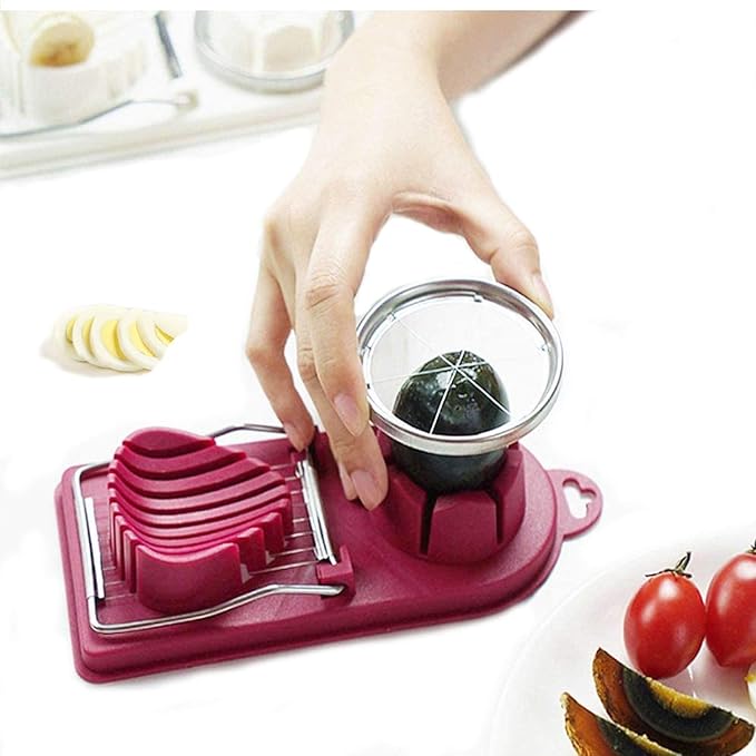 Egg Cutter Fruit Slicer Boiled-Eggs - Strawberry Stainless Steel Cutting Wires Kitchen Egg Slicers 2 in 1 (red)