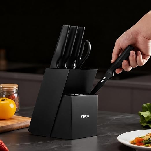 VEVOR Kitchen Knife Set with Block and Sharpener, 15 Piece German High Carbon Stainless Steel Knife Set, Kitchen Cutlery with PP Ergonomic Handle, Sharpening Rod and Wooden Block, for Home Cooks