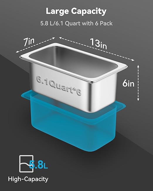 ZeroPone 6 Pack Hotel Pans, 1/3 Size 6" Deep Stainless Steel Steam Table Pan 22 Gauge Anti Jam Commercial Food Pans for Hotel, Party, Buffet, Catering Supplies