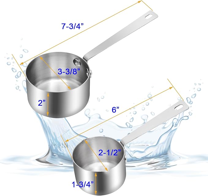 Kichwit 304 Stainless Steel Measuring Cups, Metal Food Scoop for Cooking or Baking, 1 Cup and 1/2 Cup, Set of 2
