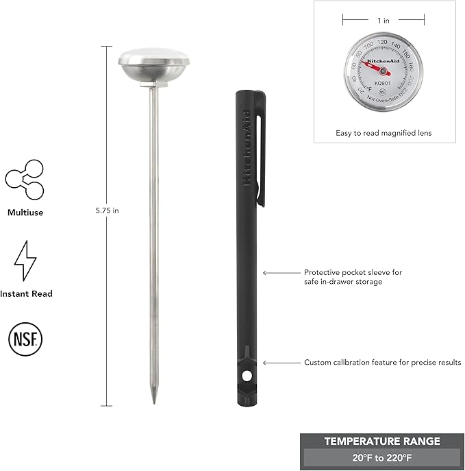 KitchenAid KQ901 Instant Read Food Thermometer for Kitchen or Grill, Temperature Range: 20F to 220F, 1 inch dial, Black