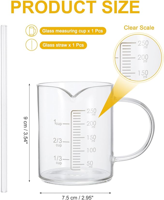 PATIKIL 250ml Glass Measuring Cup, Borosilicate Glass Beaker Graduated Liquid Measure Cups with Straw V-Shaped Spout for Kitchen Drinking Restaurant, White Printed Scale