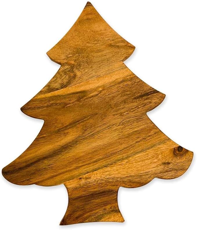 Treen Art Wooden Christmas Cutting Board for Kitchen Decor, 11"L x 9.75"W Mini Tree Shaped Acacia Wood Chopping Board with Handle & Grooves, Serving Charcuterie Platter