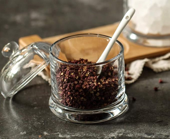Glass Sugar Bowl Spice Jar Seasoning Pot with Lid And Stainless Steel Spoon
